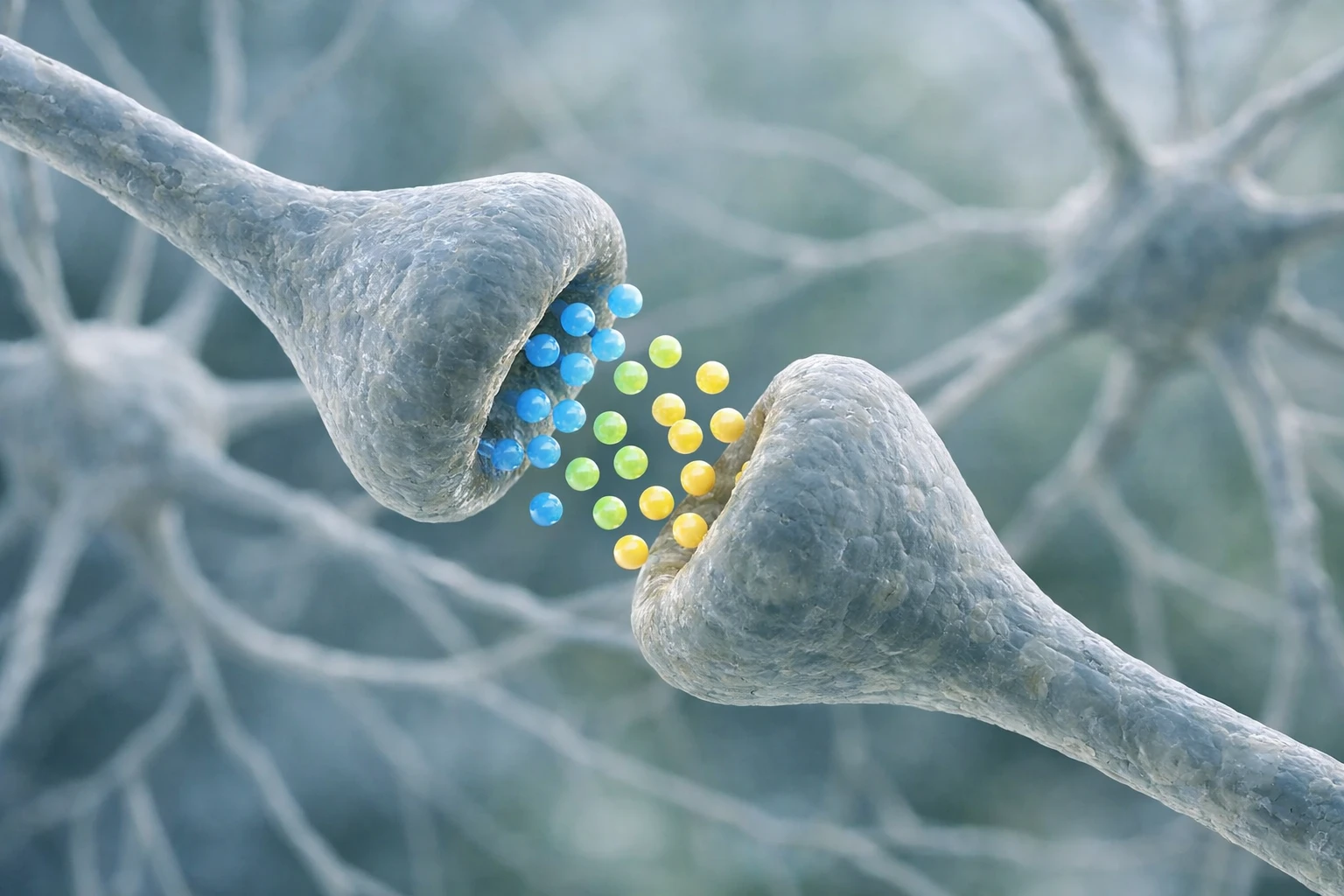 Illustration scientifique montrant des neurones interconnectés avec des neurotransmetteurs colorés (sérotonine, dopamine, GABA) circulant entre les synapses, style médical moderne et accessible, focus sur l'activité cérébrale et la communication neuronale, rendu réaliste avec tonalités bleues et vertes apaisantes
