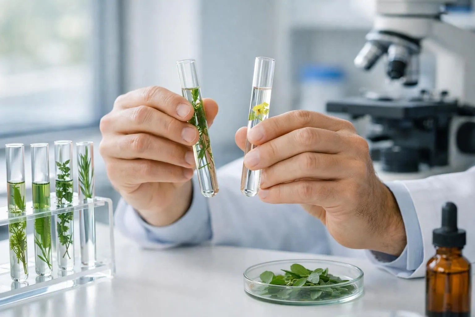 Scientific researcher in white lab coat examining test tubes containing natural plant extracts in modern laboratory setting with digital microscope and research papers, professional medical environment with natural lighting