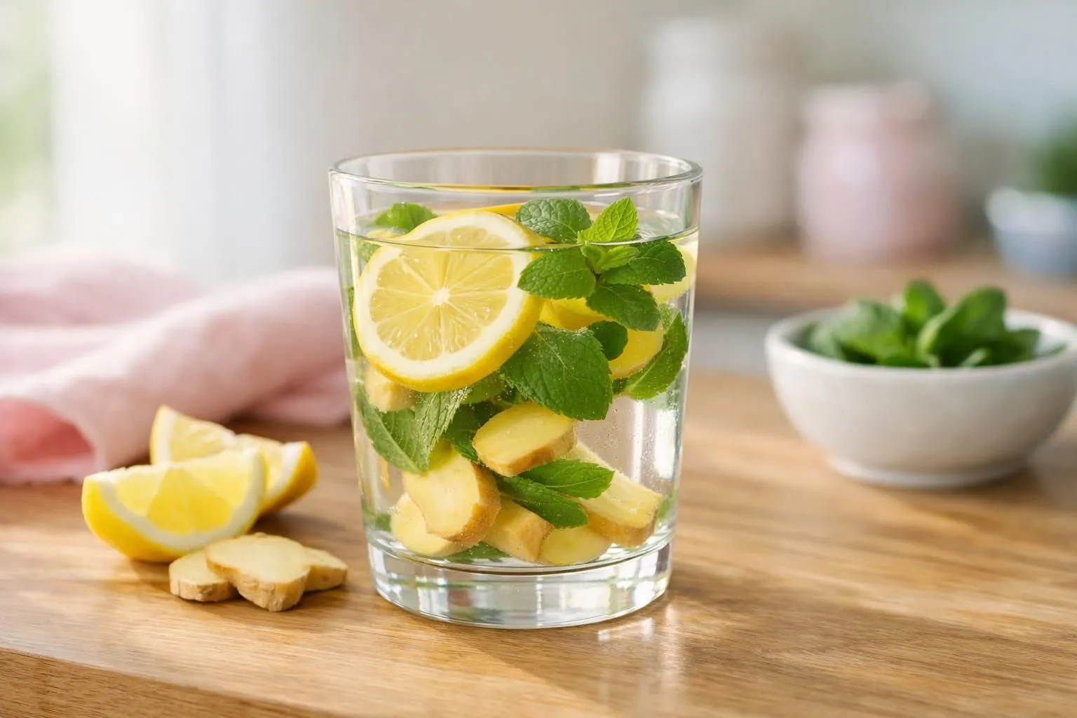 Transparent glass pitcher filled with fresh detox water showing visible lemon slices, chunks of peeled ginger root and bright green mint leaves floating in clear water, placed on a wooden kitchen counter with natural morning light, realistic photography style for Swiss wellness retail context