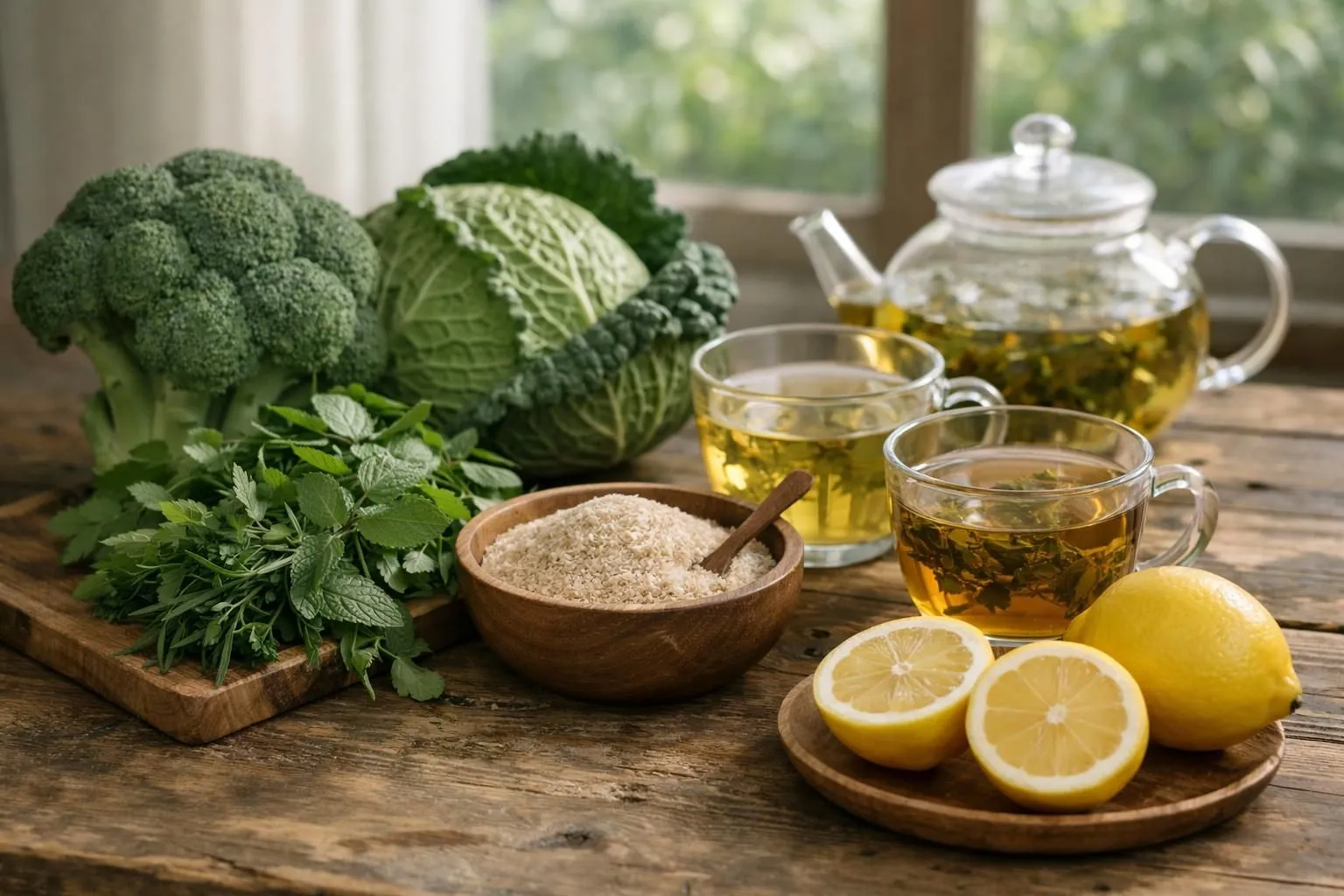 Table rustique en bois avec assortiment d'aliments détox naturels: brocoli, chou vert, herbes fraîches (persil, coriandre), graines de psyllium dans un bol, tisanes fumantes, citrons coupés, petites carafes d'eau claire, dans une lumière matinale douce filtrant par une fenêtre