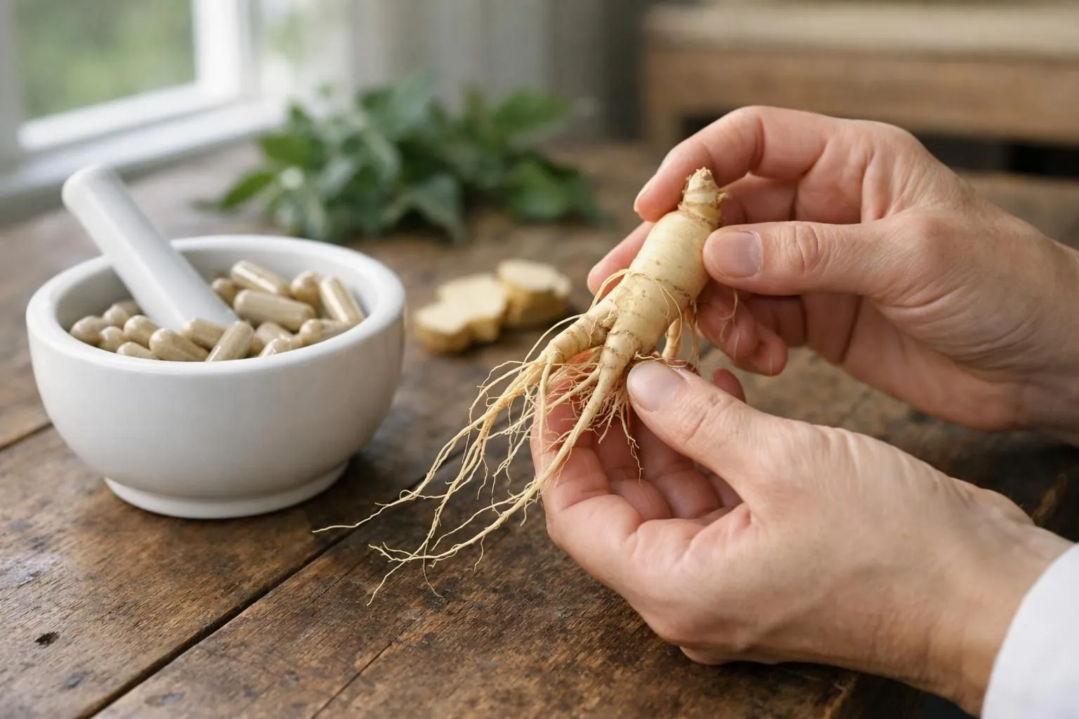 Ginseng root displayed on rustic wooden table with modern supplement capsules and mortar, natural light streaming through window creating wellness atmosphere in Swiss home setting