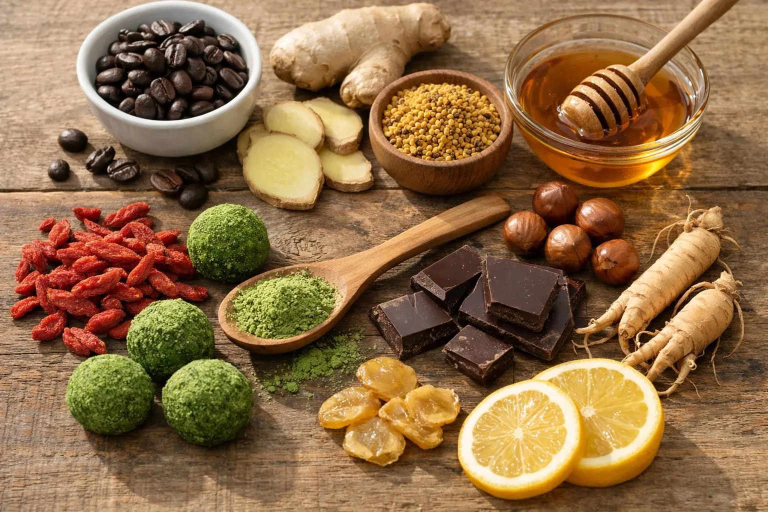 Natural energy-boosting ingredients arranged on rustic wooden surface: whole coffee beans, guarana seeds, dried ginseng root slices, maca powder in small bowl, matcha green tea powder, rhodiola rosea extract, BCAA supplement capsules scattered artistically. Warm natural lighting, top-down view, Switzerland wellness product photography style. NO text, labels, or words visible.