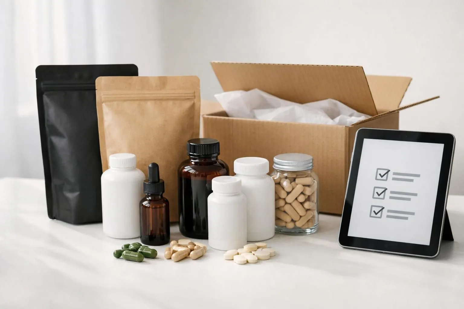 Modern minimalist composition showing Marita Store wellness products (coffee bags and supplements) arranged on a clean white surface next to a delivery package with a checklist icon visible on a tablet screen, natural daylight, professional product photography style for Swiss e-commerce free shipping eligibility criteria