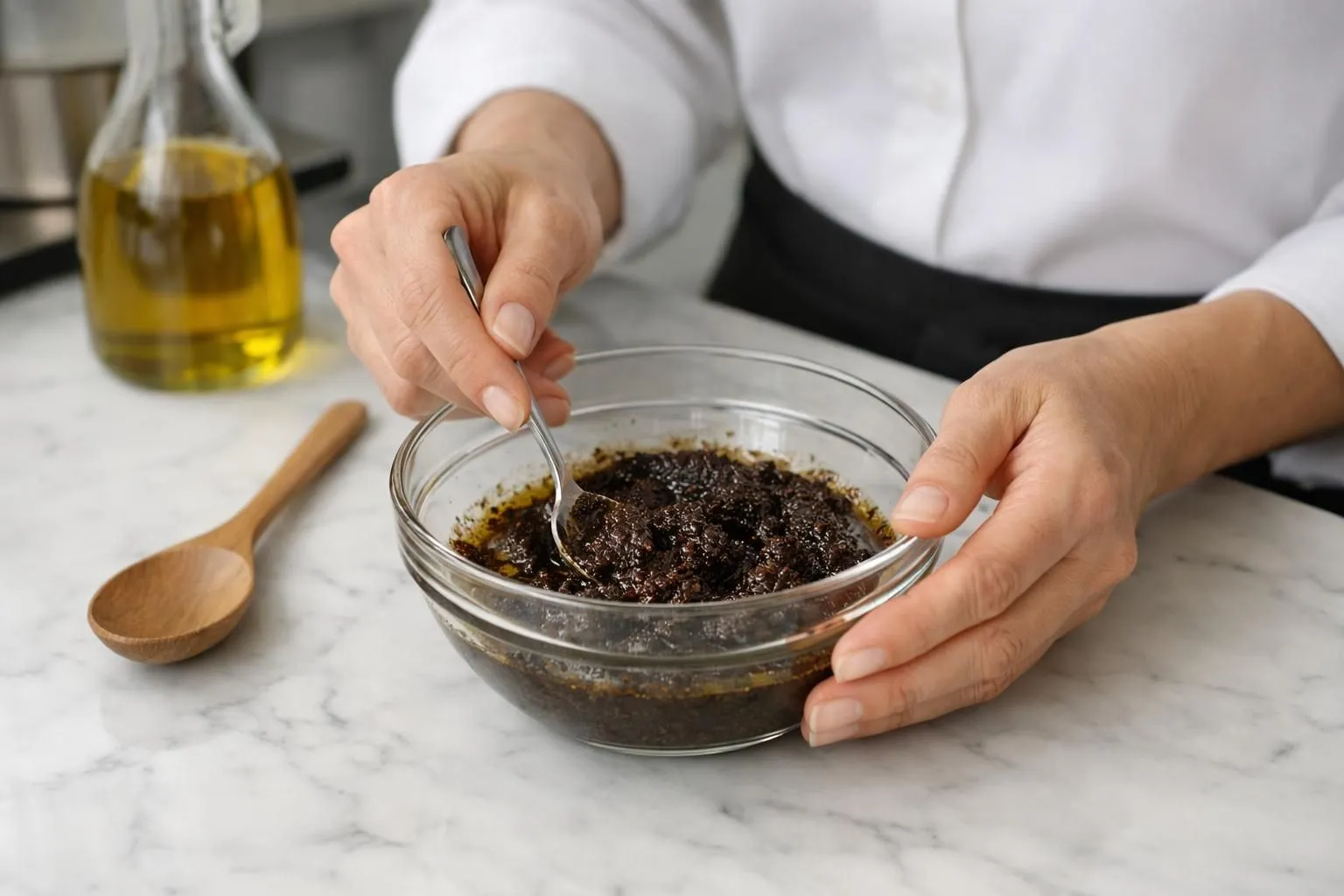 Close-up of hands mixing ground dark coffee with golden olive oil in a clear glass bowl on white marble counter, natural daylight from window, realistic kitchen setting, Swiss home interior, wooden spoon visible, no text or labels