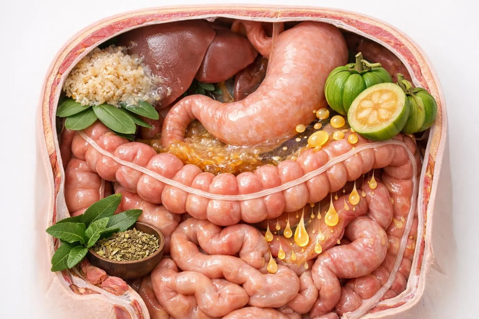 Vue en coupe stylisée d'un système digestif humain avec des feuilles de plantes (psyllium, garcinia, maté) s'intégrant naturellement dans l'estomac et les intestins, montrant symboliquement leur action sur l'absorption des graisses et la régulation métabolique, dans un style réaliste et scientifique sans aucun texte visible