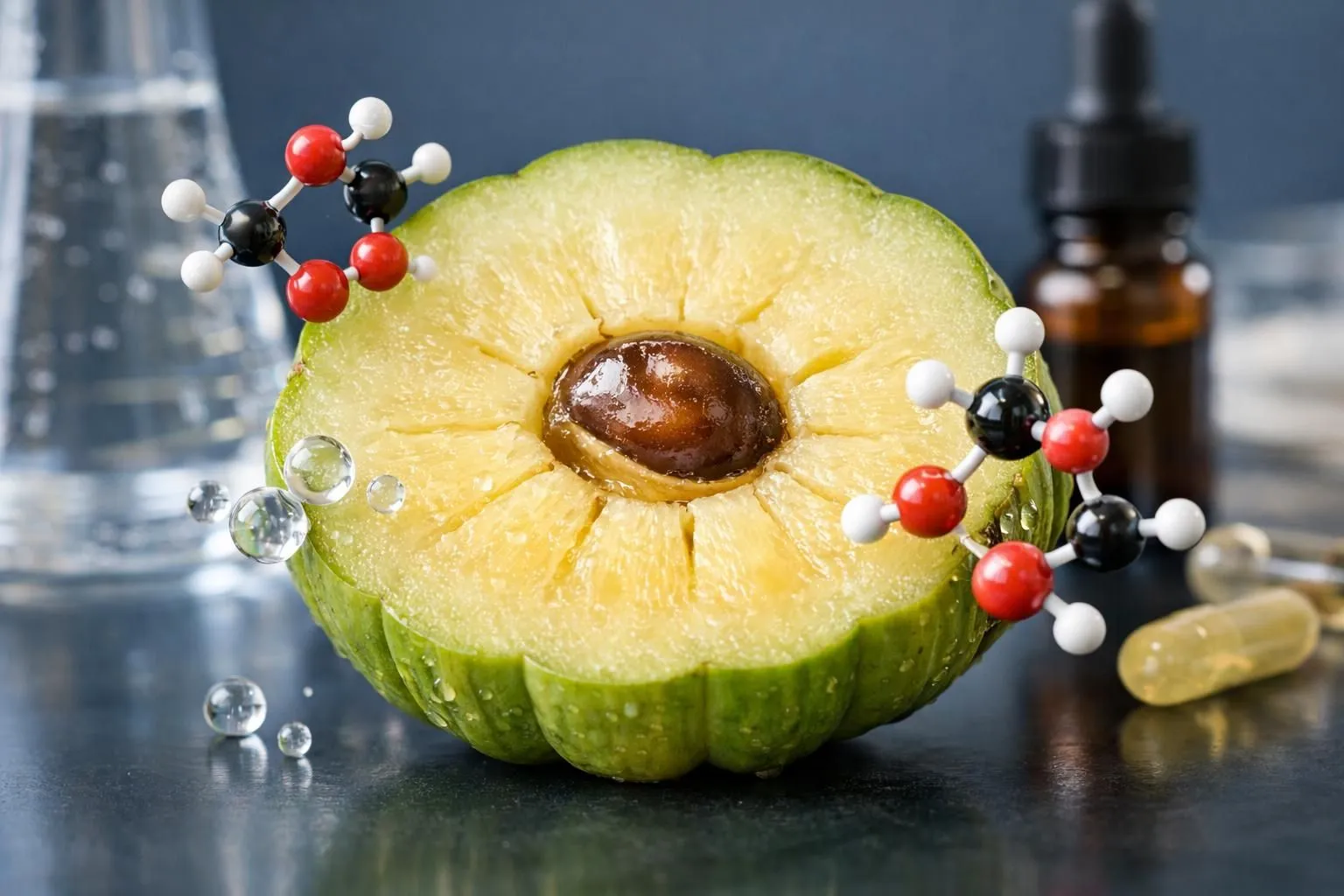Scientific illustration showing garcinia cambogia fruit cross-section with molecular structures of HCA compounds overlaid, botanical accuracy with modern medical visualization, professional wellness supplement imagery for Swiss retail context targeting adults interested in natural weight management solutions