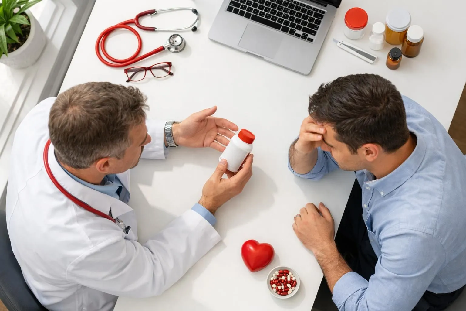 Medical professional in white coat showing warning information about supplement risks to concerned patient in bright modern consultation room, medical charts visible on desk, natural lighting through window, serious discussion about health safety