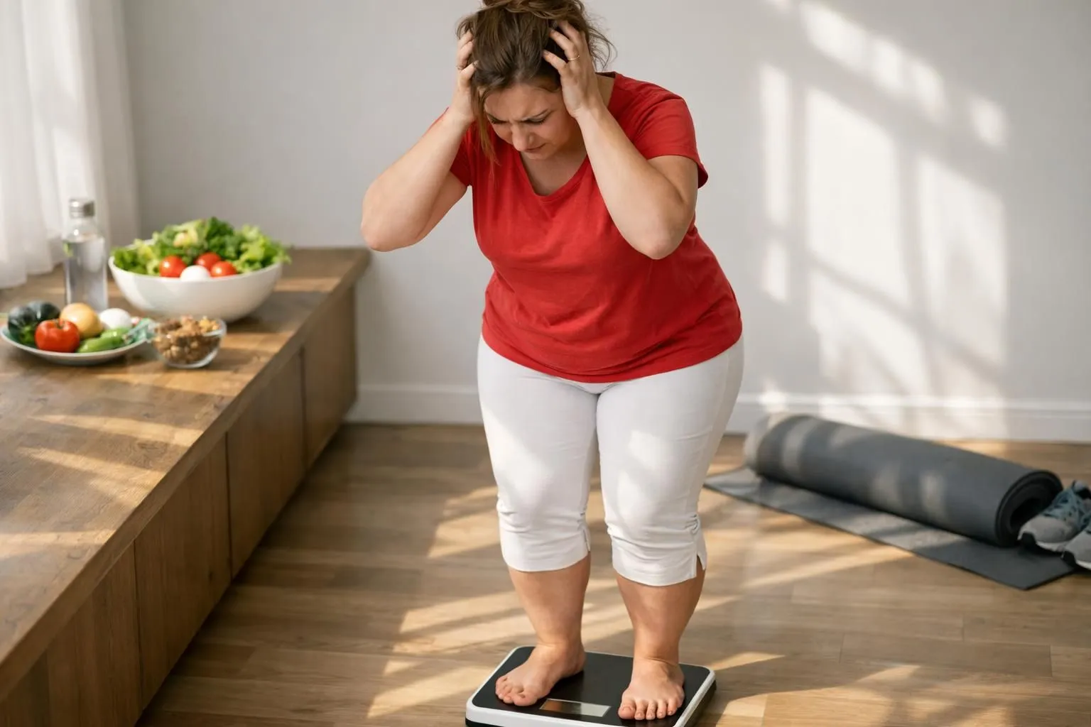 Frustrated person looking at bathroom scale showing weight plateau, natural window light creating realistic shadows, healthy food and exercise mat visible in background, authentic weight loss journey struggle, no text or numbers on scale display