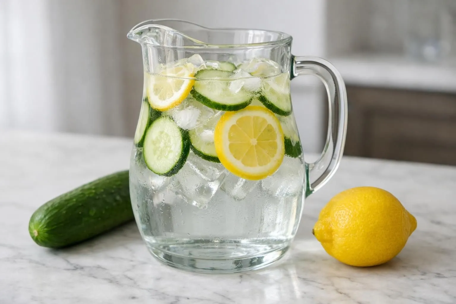 Transparent glass pitcher filled with fresh water, cucumber slices and lemon wheels floating among ice cubes, placed on marble kitchen counter with natural daylight, fresh cucumber and whole lemon beside the pitcher, minimalist wellness aesthetic
