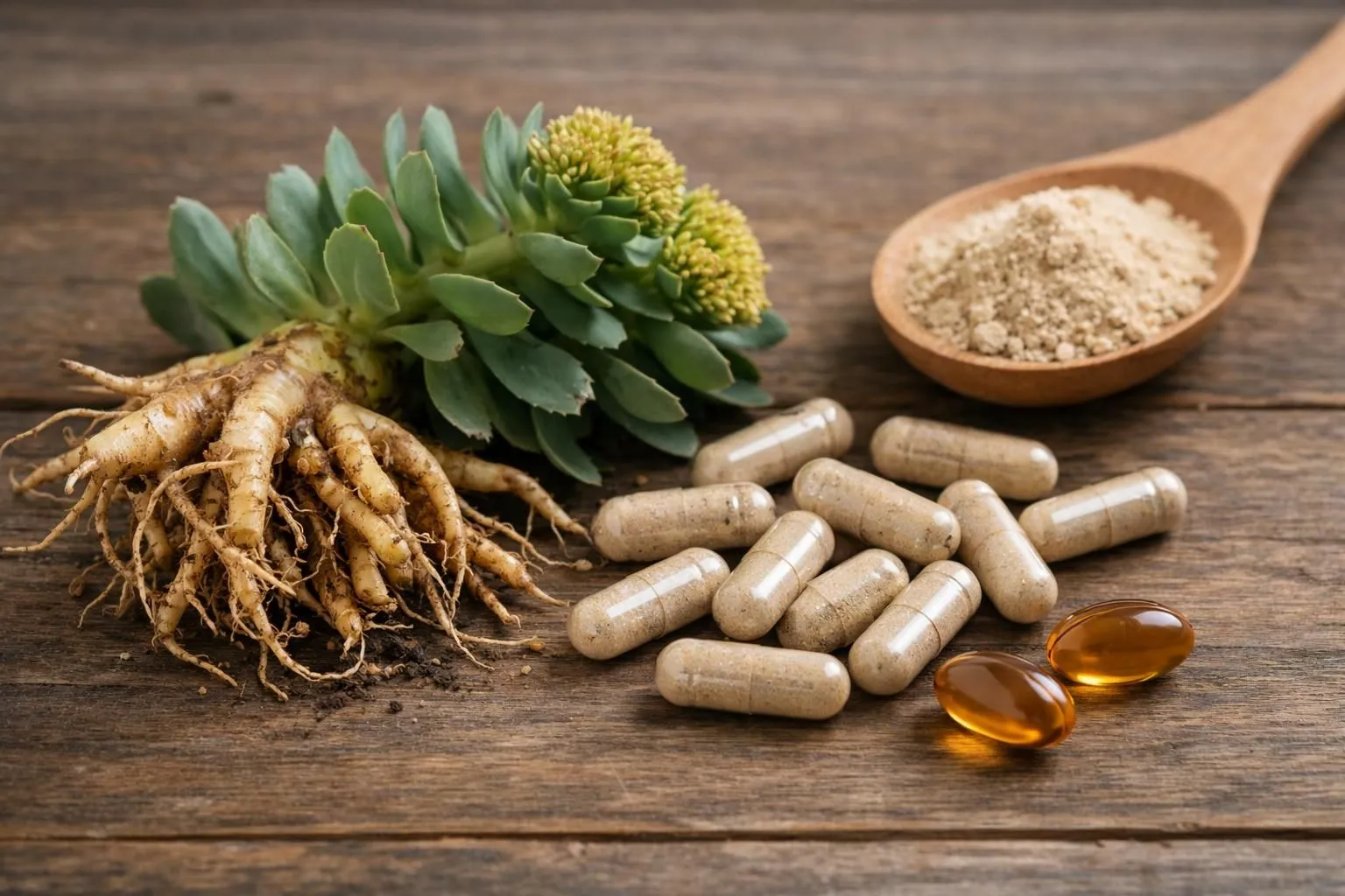 Fresh Rhodiola rosea golden root plant with natural supplements capsules on wooden surface, natural wellness setting with soft lighting, professional product photography showing the botanical source and modern extract forms for energy supplementation