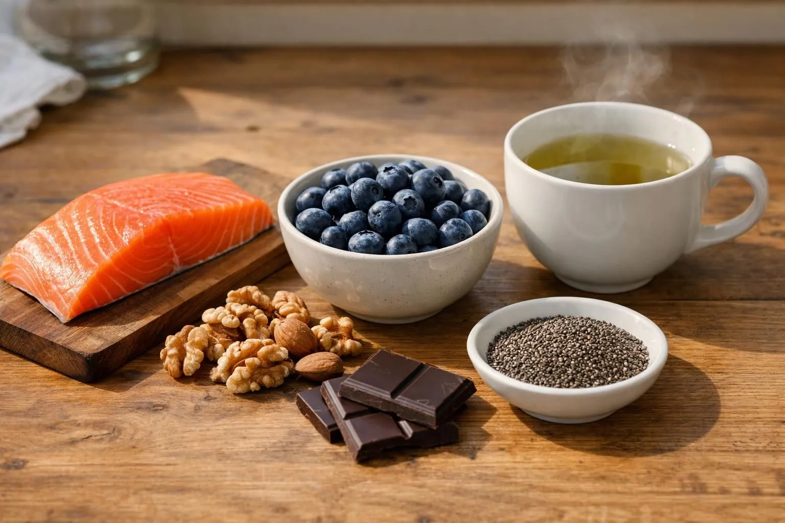 Wooden kitchen table featuring brain-boosting foods: wild salmon fillet, handful of walnuts, bowl of fresh blueberries, steaming cup of green tea, square of dark chocolate, small dish of chia seeds, arranged naturally in warm morning light