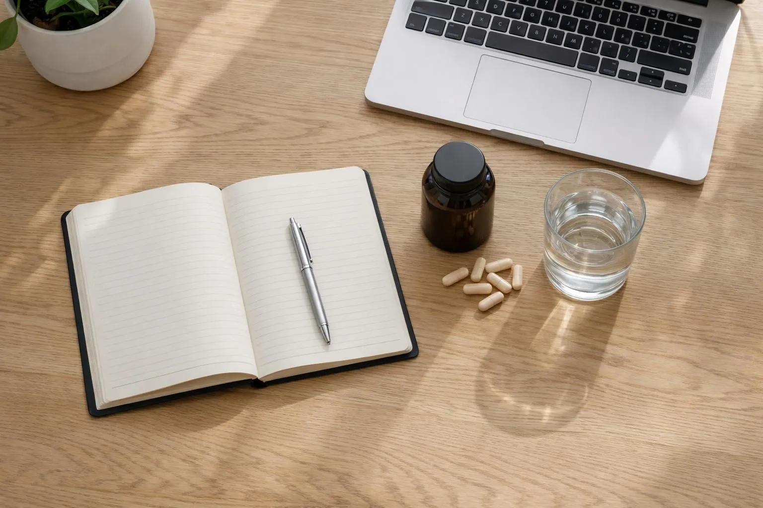 Student studying at organized wooden desk with open notebook and laptop, natural supplements bottle beside water glass, morning sunlight streaming through window, warm minimalist Swiss interior atmosphere