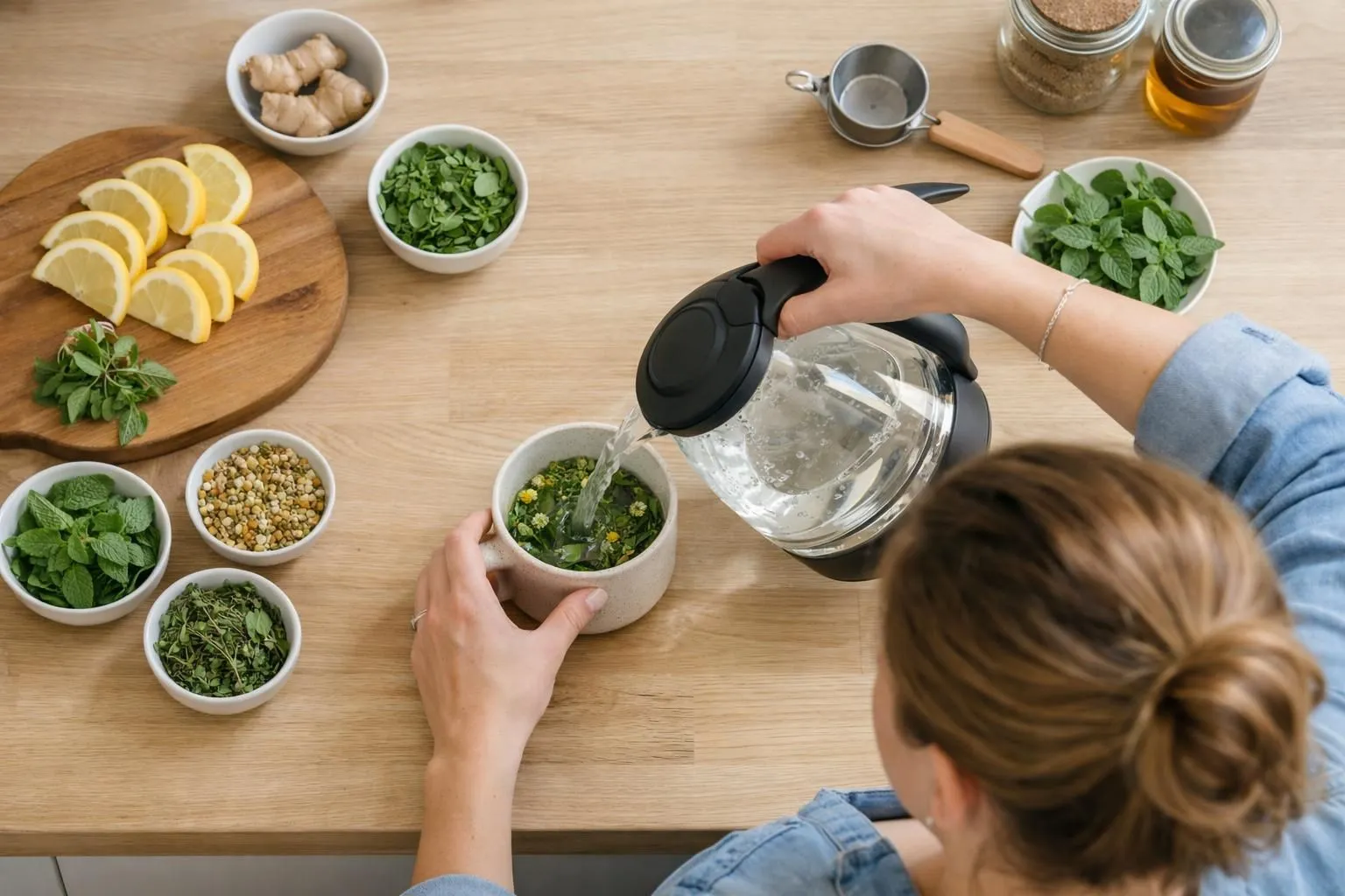 Femme de 35 ans préparant une tisane détox dans une cuisine suisse moderne, versant de l'eau chaude d'une bouilloire transparente dans une tasse en céramique, avec des herbes fraîches (menthe, pissenlit) et un citron coupé sur un plan de travail en bois clair, lumière naturelle du matin, style photographique réaliste