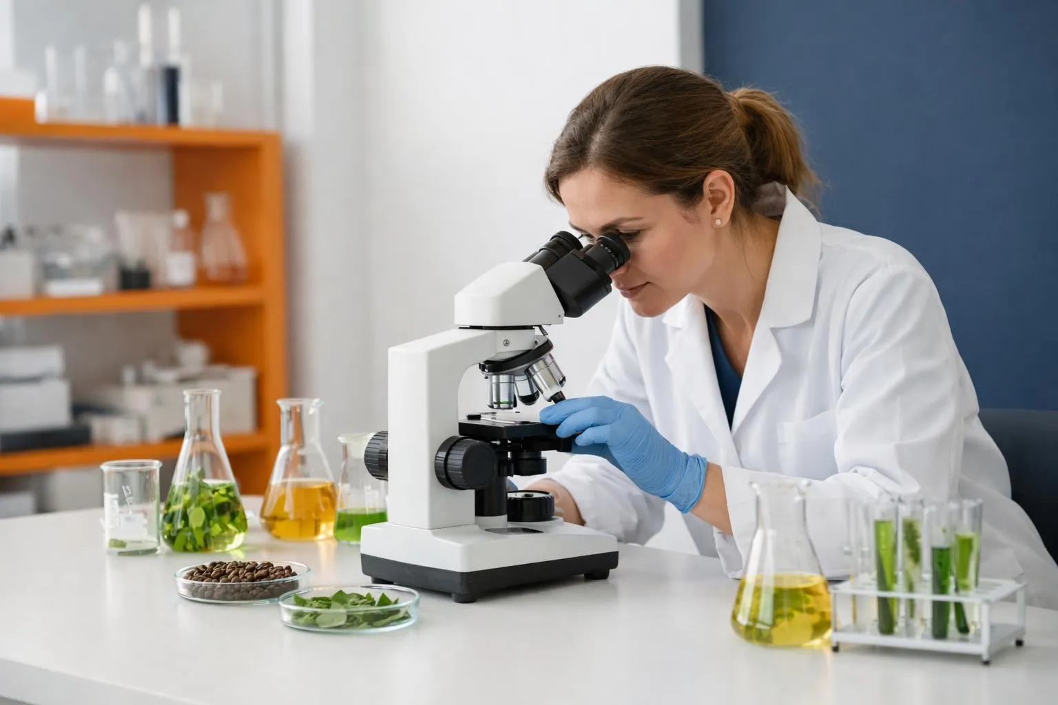 Laboratory scientist analyzing coffee beans and natural plant extracts with microscope and beakers in bright modern research facility