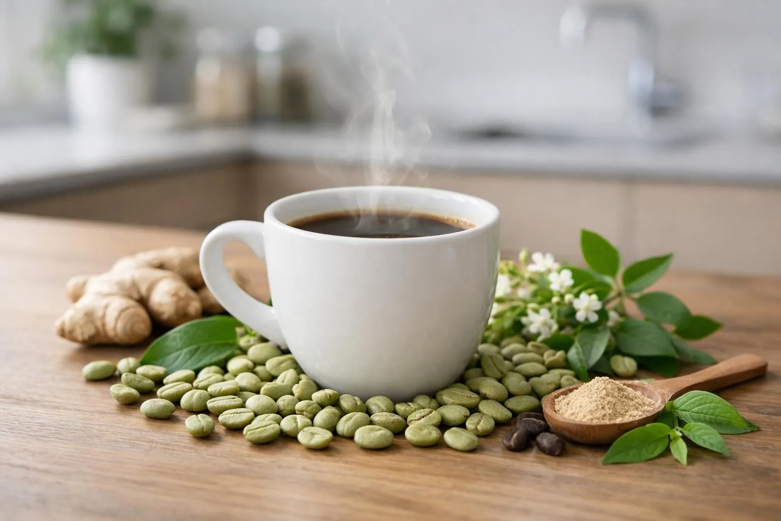 Steaming cup of functional slimming coffee beside fresh green coffee beans and natural botanical ingredients on wooden surface with soft morning light, photographed in modern Swiss kitchen setting