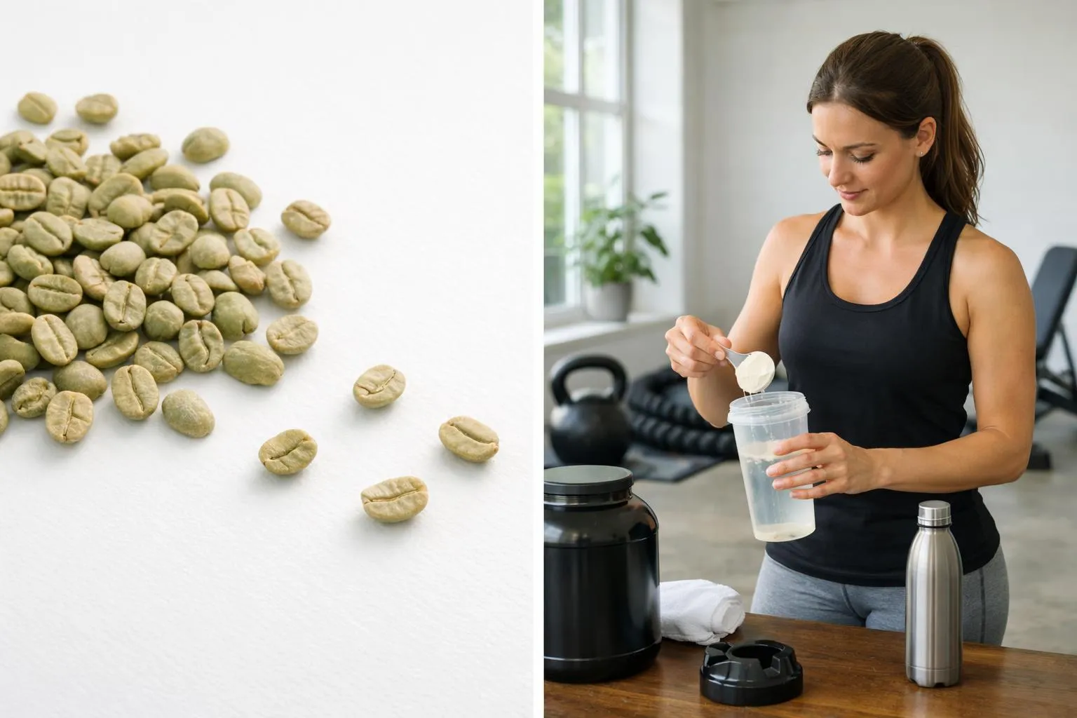 Split-screen composition showing metabolism boost concept: left side displays fresh green coffee beans and measuring tools on clean white surface, right side shows athletic person in modern gym outfit preparing for workout with coffee cup nearby, natural daylight, wellness photography style, no text or labels
