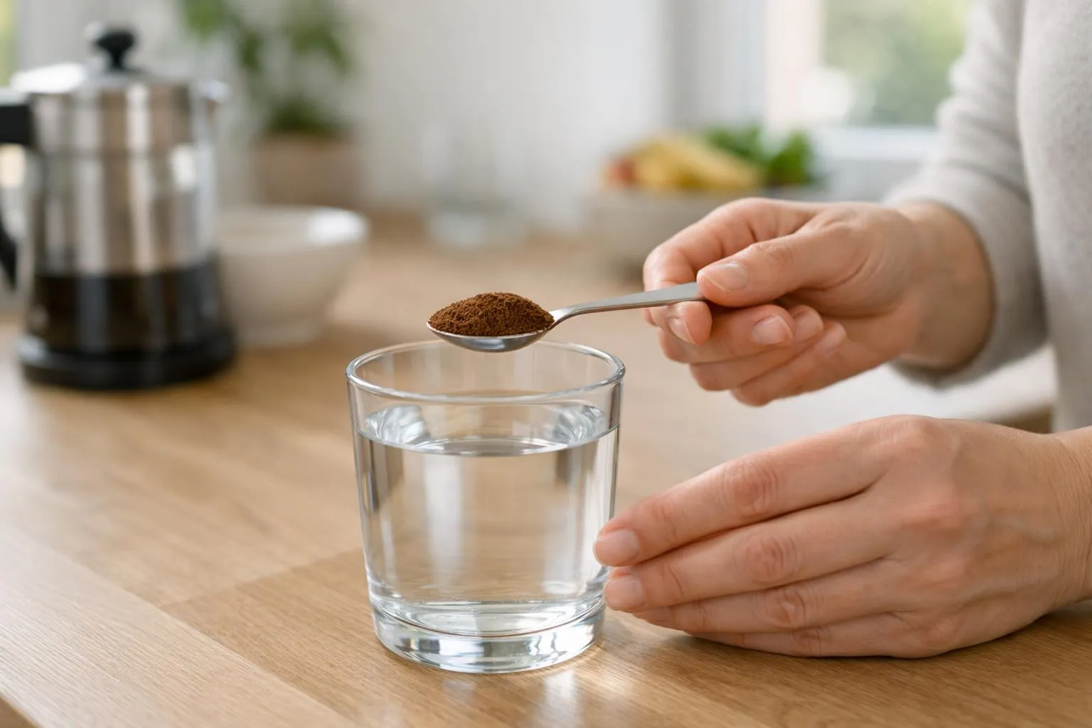 Close-up of hands measuring one level teaspoon of brown coffee powder over a glass of water in a bright Swiss kitchen, natural lighting showing precision in dosage preparation for weight management
