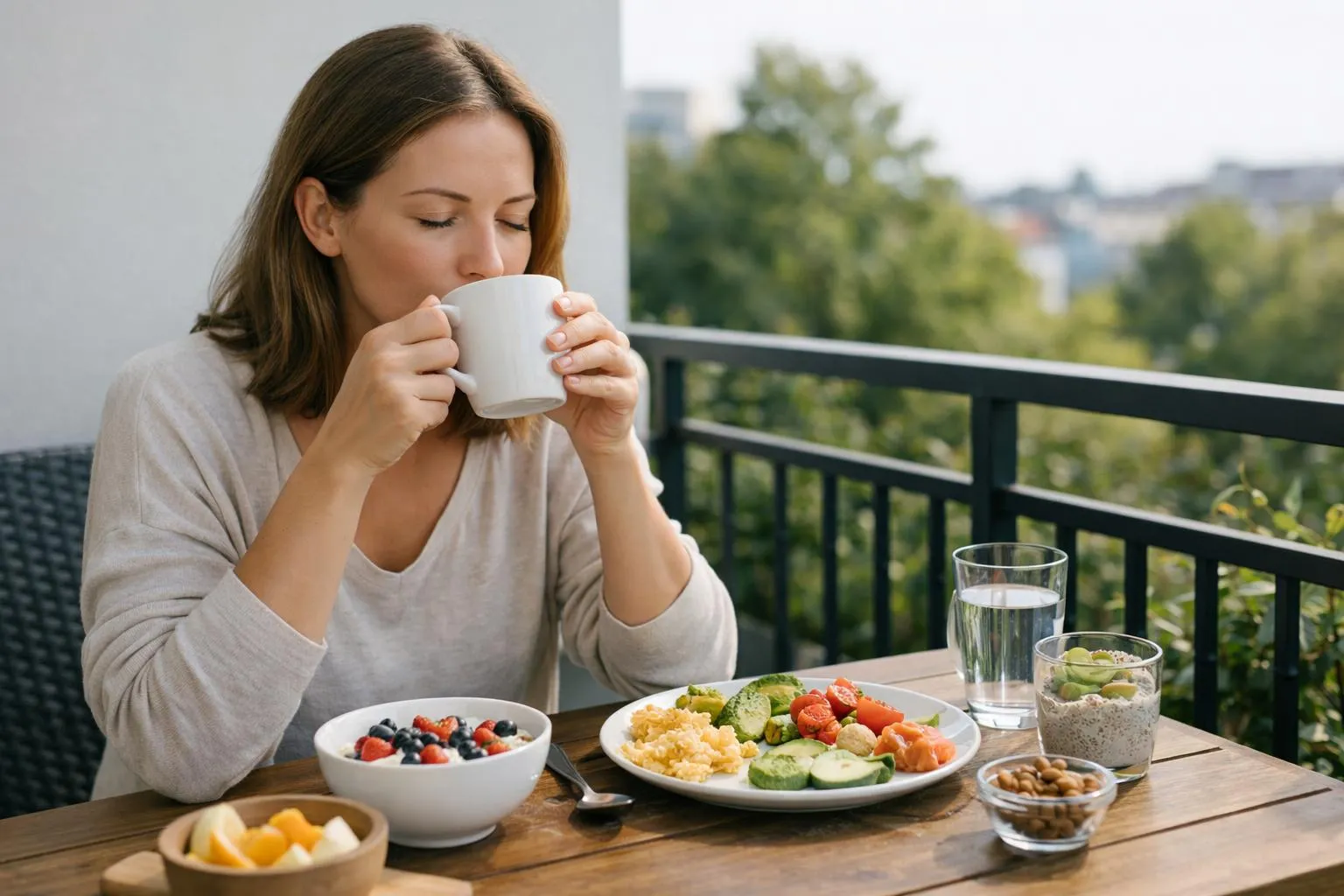 Woman in her 30s drinking coffee from a white mug at sunrise on a balcony, with a small healthy breakfast plate visible on a wooden table, natural morning light, wellness-focused composition showing optimal timing for metabolism boost, no text or labels